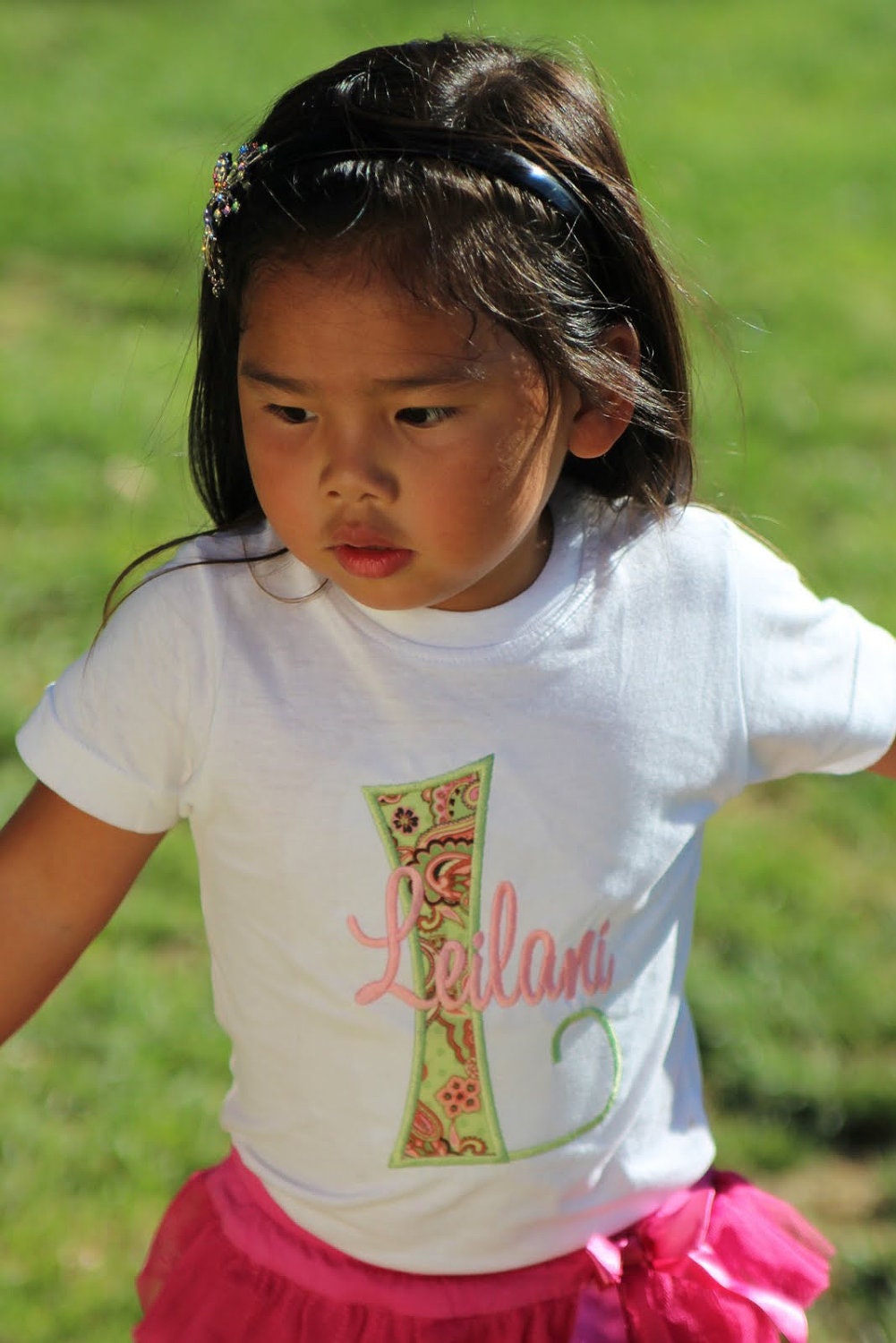Girl's Custom Personalized Monogrammed Initial Shirt or Onesie- Pink and Green Flower Fabric Applique Name Initial Shirt