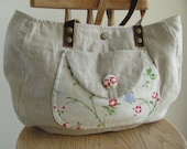 Natural linen diaper bag purse shoulder  tote handbag floral shabby chic cotton canvas, leather handles OOAK - Rustic Romance  free shipping