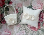 Flower Girl Basket, and Wedding Ring Pillow,  Ivory Satin Singed Flowers Shabby Chic Vintage