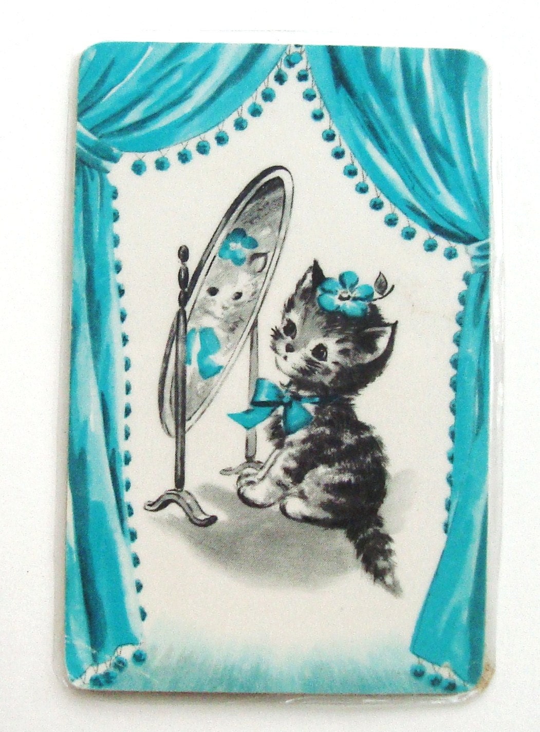 1 Cat Magnet -  Mirror Fashion Kitten - Blue & white - Recycled Vintage Playing Card