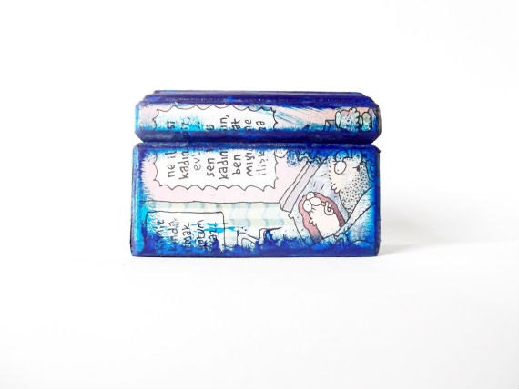 Unusual home decor, blue decoupage box, upcycled geeky office decor, funky keepsake, recycled newspaper, caricatures, quirky cartoons