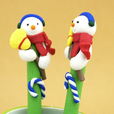 New Cute Fimo Polymer Clay Winter Christmas Snowman Blue Hat Candy Cane