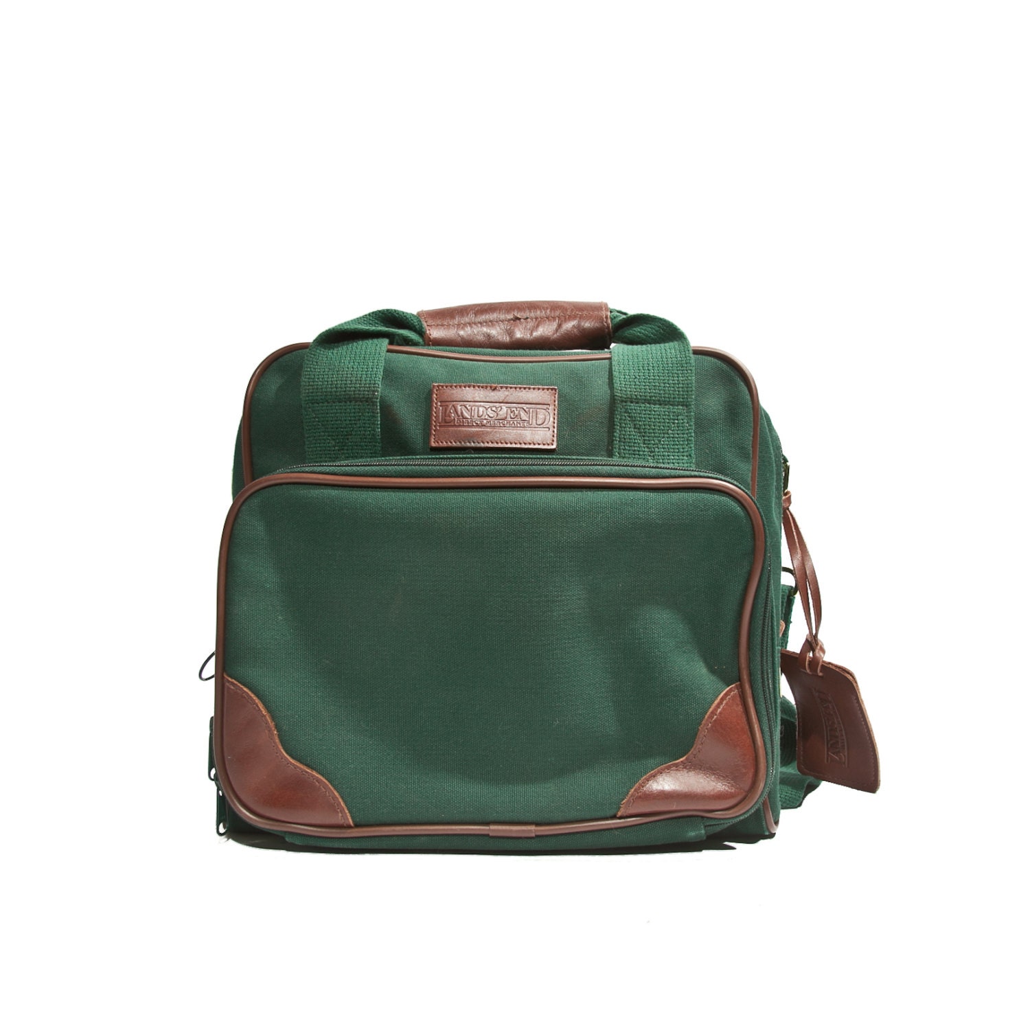 Land's End Messenger Bag Green Canvas Duffle Tote Luggage Brown Leather Trim Weekender