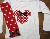 Adorable MInnie Mouse Onesie with matching leggings Any Size newborn to 24 months onesie or shirt size 2 4 or 6