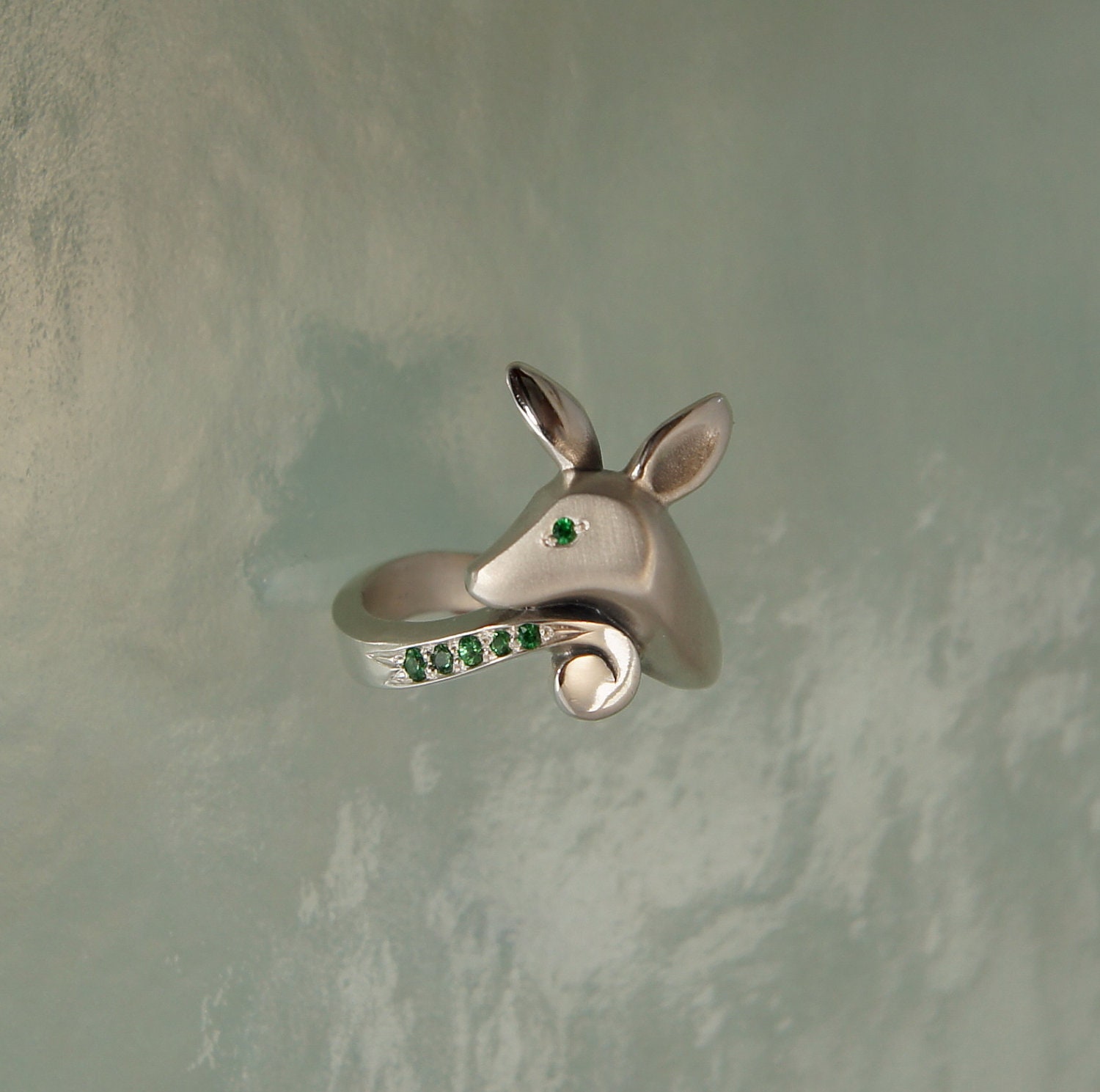 Fawn ring,  silver with green garnets