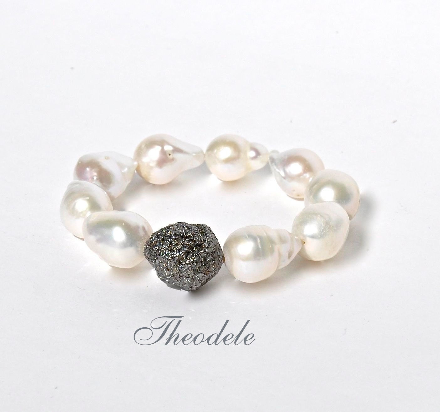 Pave Diamond & Flameball Baroque Pearl Station Stretch Bracelet.