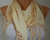 Women Pashmina  Scarf  - Cotton Scarf - - Cowl with Lace  Edge - Yellow - fatwoman