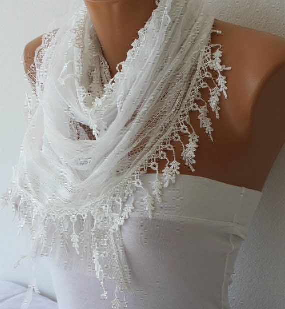 White Lace Scarf  - Shawl - Cowl with Lace Edge   - fatwoman - Bridesmaids Gifts