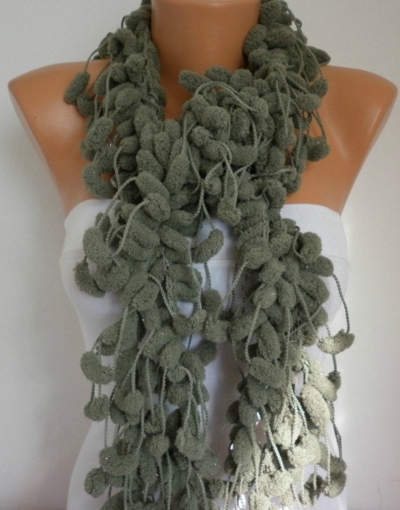 Sage Green Knit Scarf - Women Scarves - Knitting Cowl - Crochet Scarf - Long Scarf - Pompom - Sage Green
