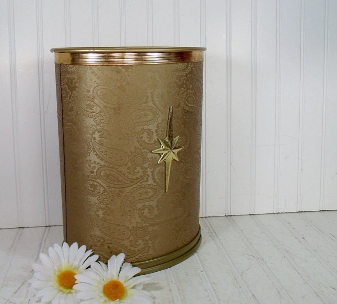 Brocade Upholstered Brass Metal Waste Can - Vintage Pearl Wick Bin - HollyWood Regency Decor