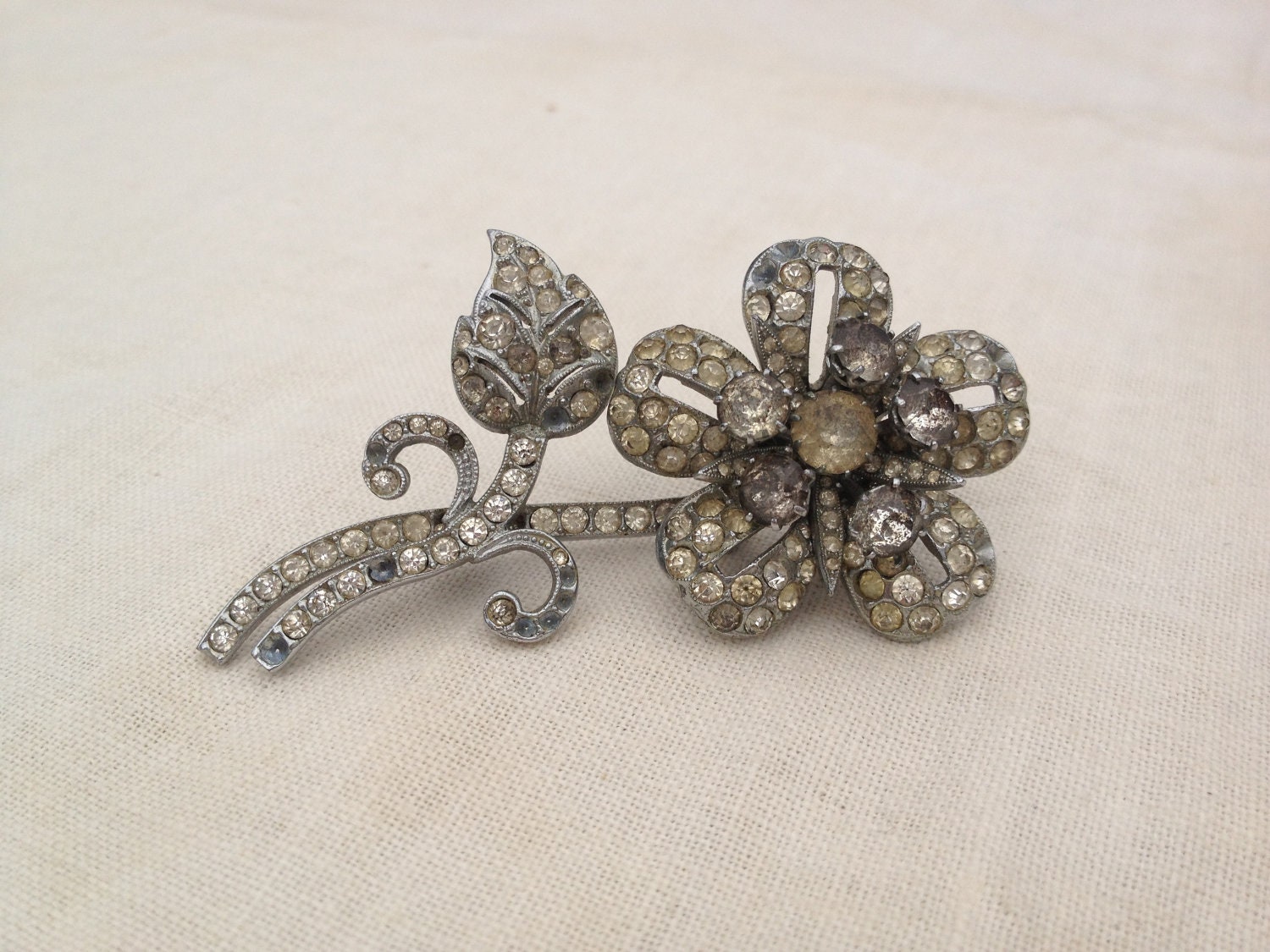 Vintage Paste Rhinestone flower brooch circa 1930s 40s