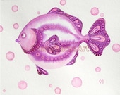 Lavander Fish ORIGINAL Painting Kids Wall Art Sea Creature Ocean Pink Violet  White Nautical Illustration 8"x10" Nursery Room Decor Sale