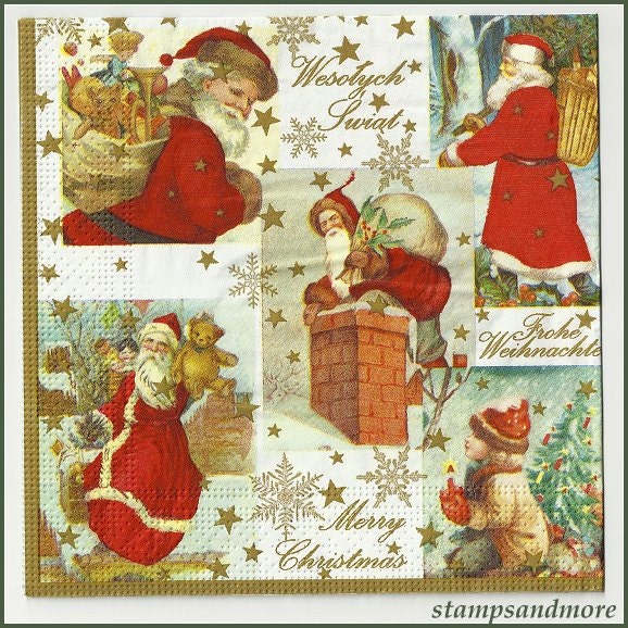 4 Vintage Style Santa Claus Paper Decoupage Napkins -  Use For Crafts, Mixed Media, Scrapbooking, Collage And Altered Art Projects