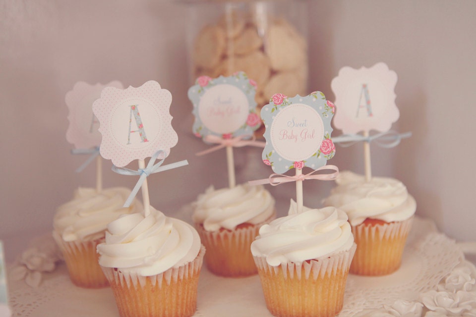Shabby Chic Vintage Bird/Birdcage Cupcake toppers/ favor tags