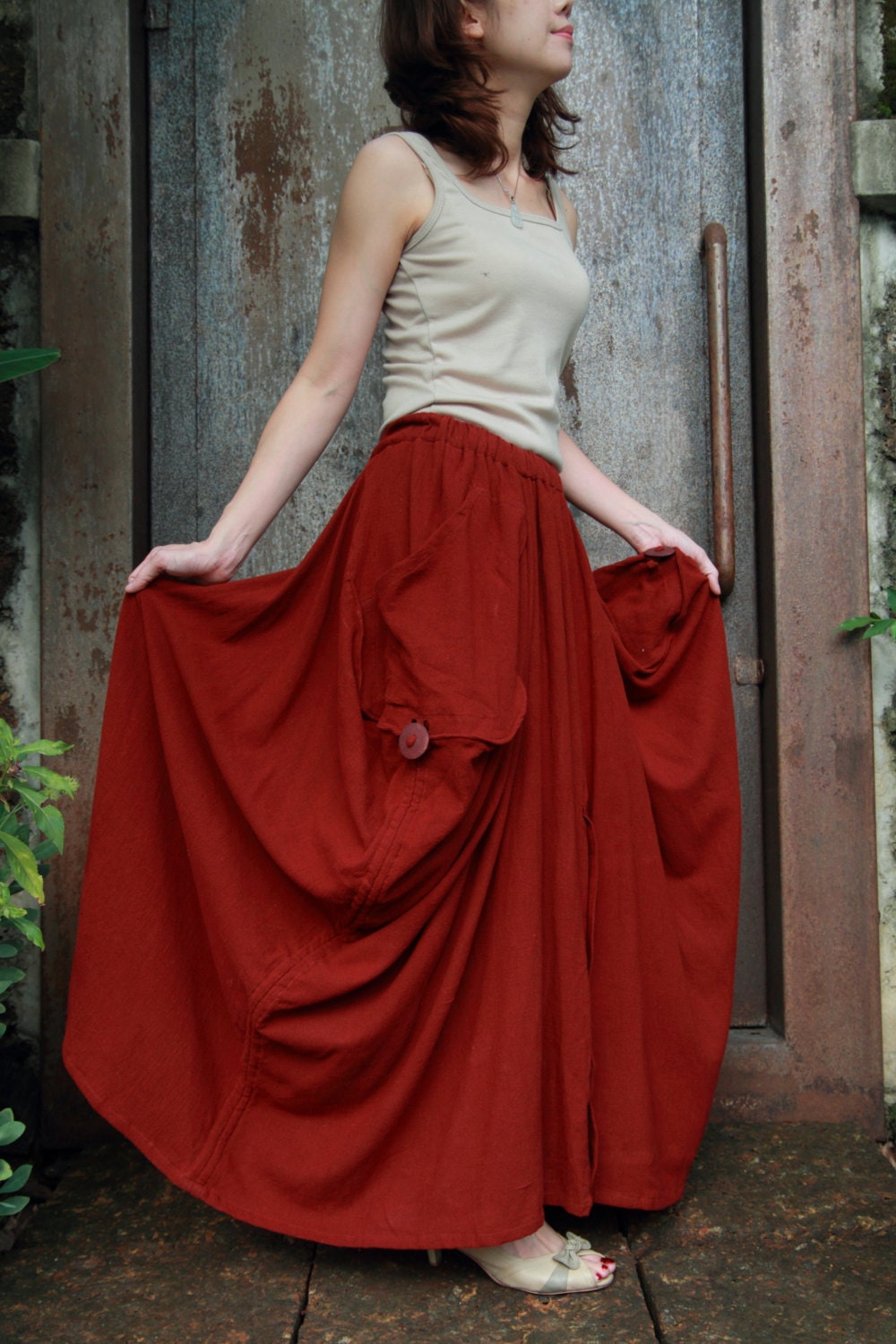 Red apple soft cotton long skirt with unique pattern design,adjustable as wide leg pants