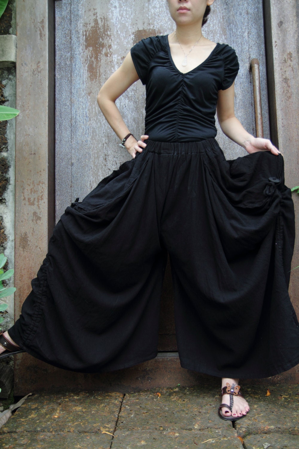 Black Magic soft cotton long skirt with unique pattern design,adjustable as wide leg pants
