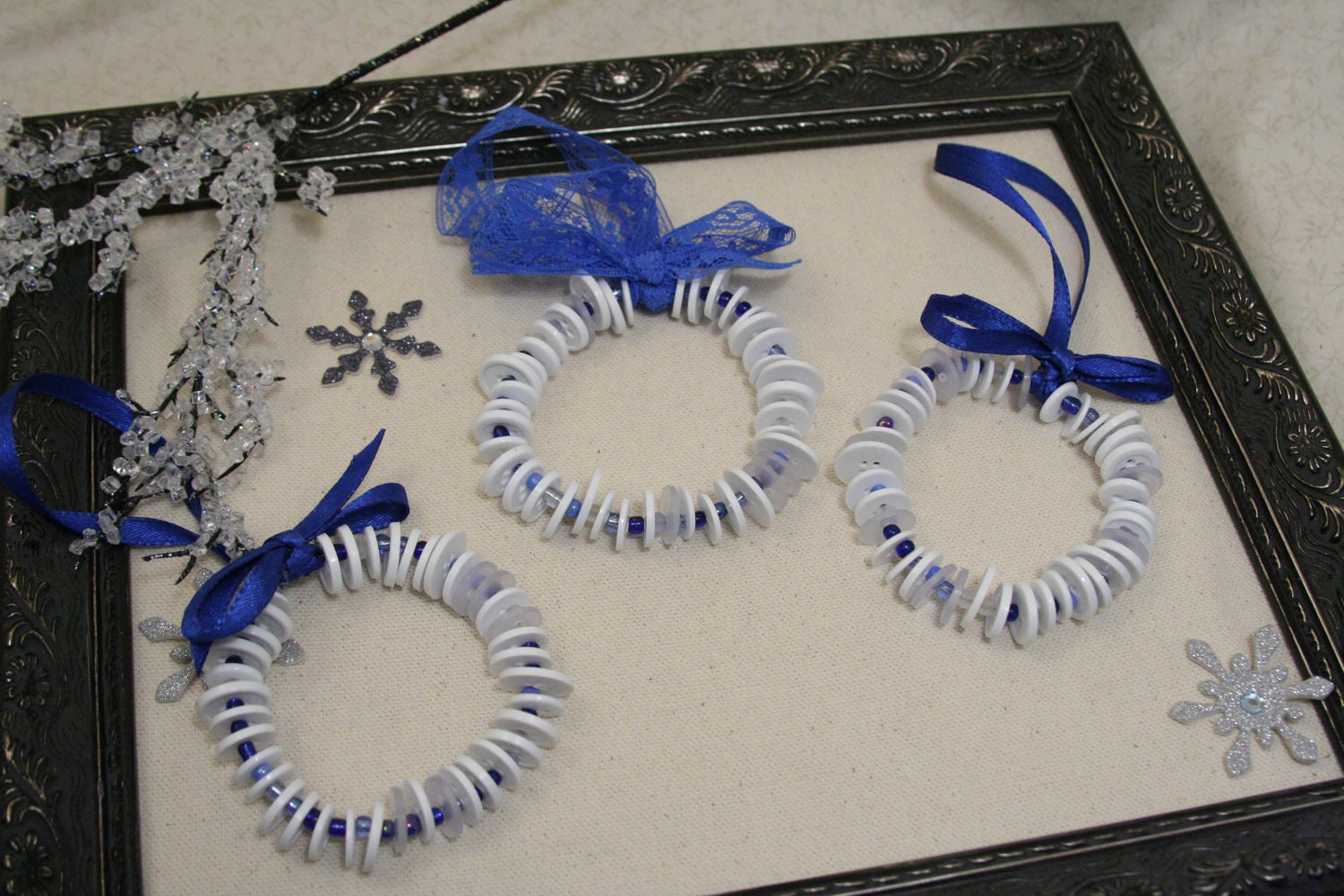 Wreath Ornaments - made with white buttons and blue beads - Set of 3