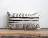 Hand printed lumbar pillow cover in black on natural ecru organic hemp 12x21 Karnataka