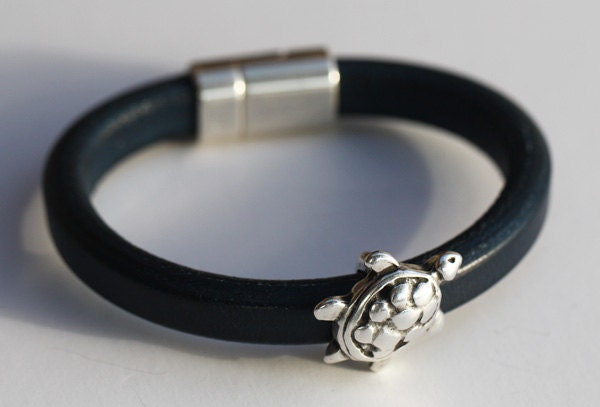Navy Leather Bracelet with Tortoise Charm for Men