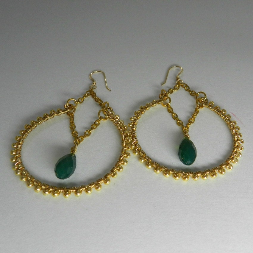 Gold Hoop Earrings, Wire Wrapped, Green Drop Crystals, Open Hoops
