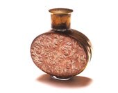 Retro Engraved Brass and Coppertoned Metal Encased Perfume Bottle