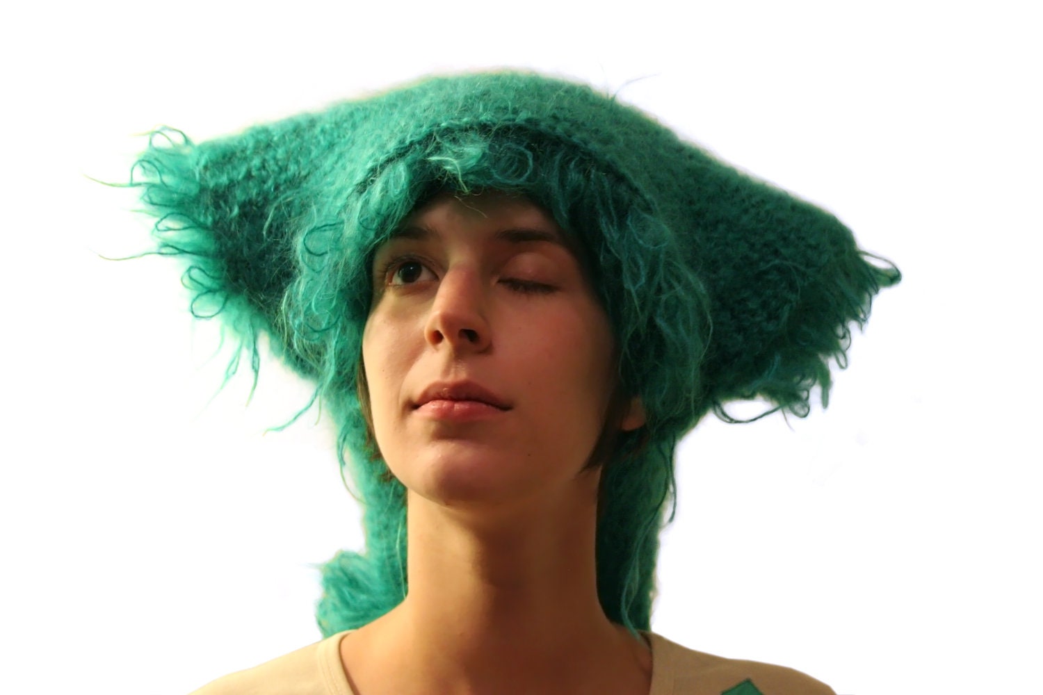Wooly crochet hat in jade green