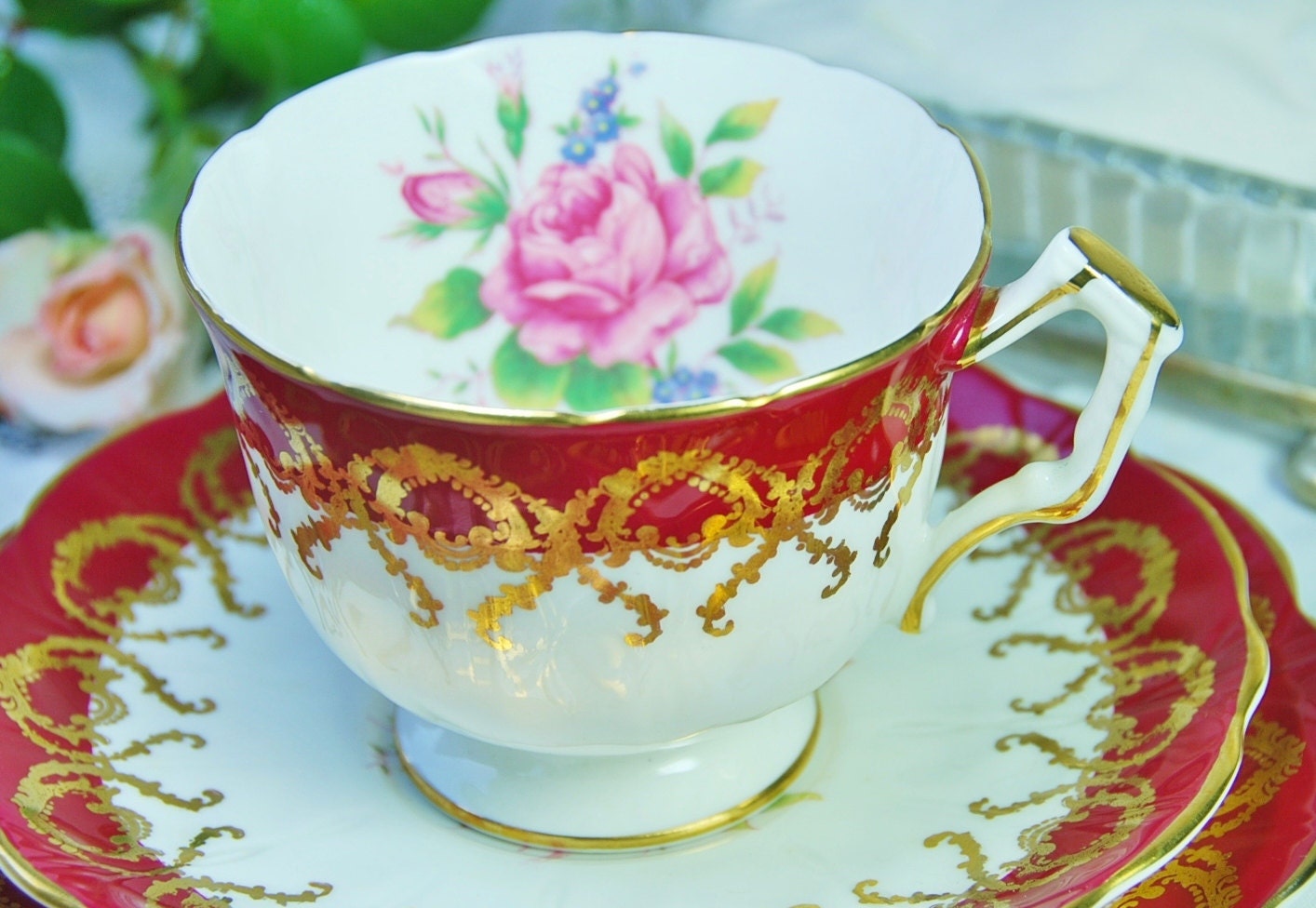 Sparkling Aynsley Footed Tea Cup/ Saucer/ Plate Trio Red, Pink Rose and Gilt, England c. 1930's
