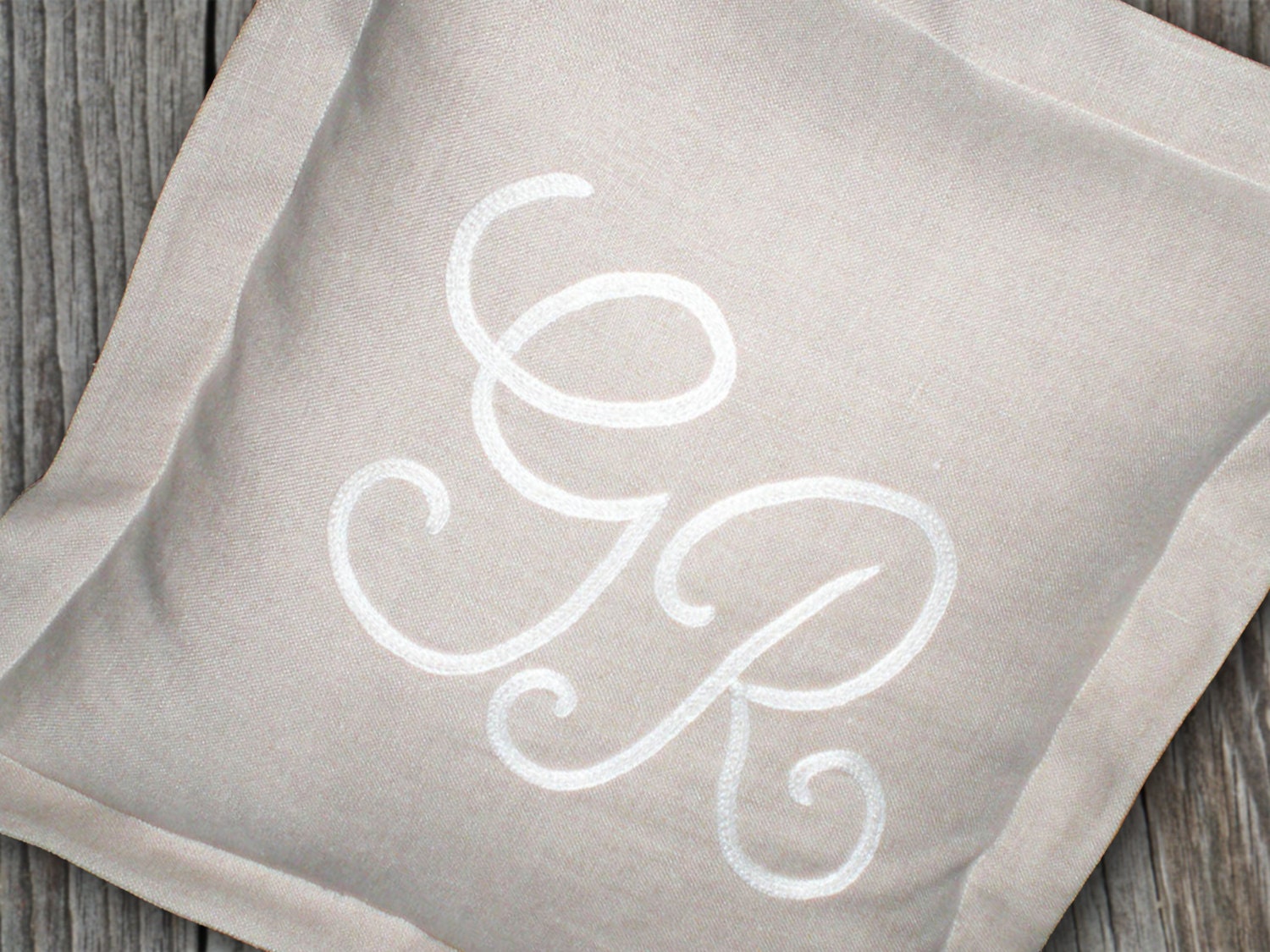 Linen Pillow hand embroidered initials warm gray personalized gift
