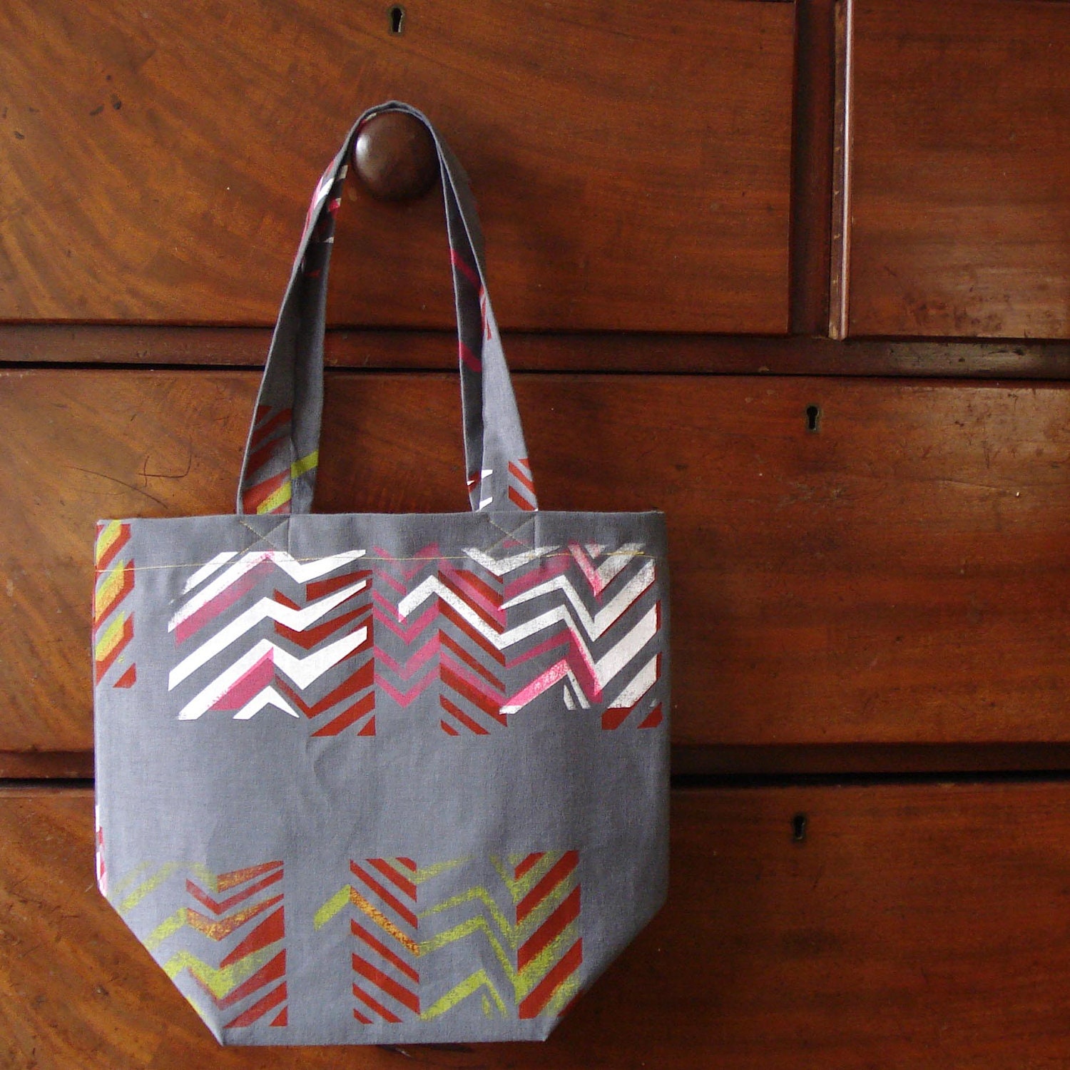 Mothers Day gift - handmade TOTE BAG - Facade No.2 - original silkscreen prints onto grey fabric - red, white, yellow & neon pink