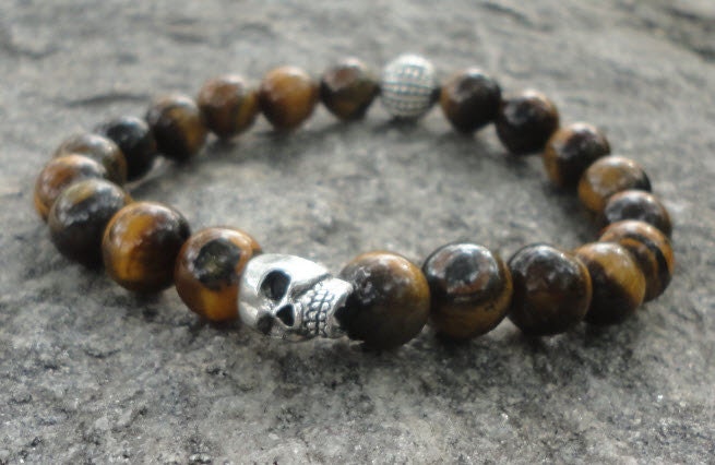 Men's Bracelet:  Tigers Eye Stone Skull Bracelet For Men with Bali Accent