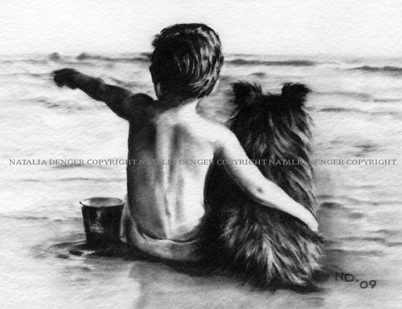 Framed 8x10" Print, Friends Forever, Charcoal, Framed Gift, Boy, Dog, Vacation, Beach, Summer, Nursery, Kids Room, Children, Love, Hugs