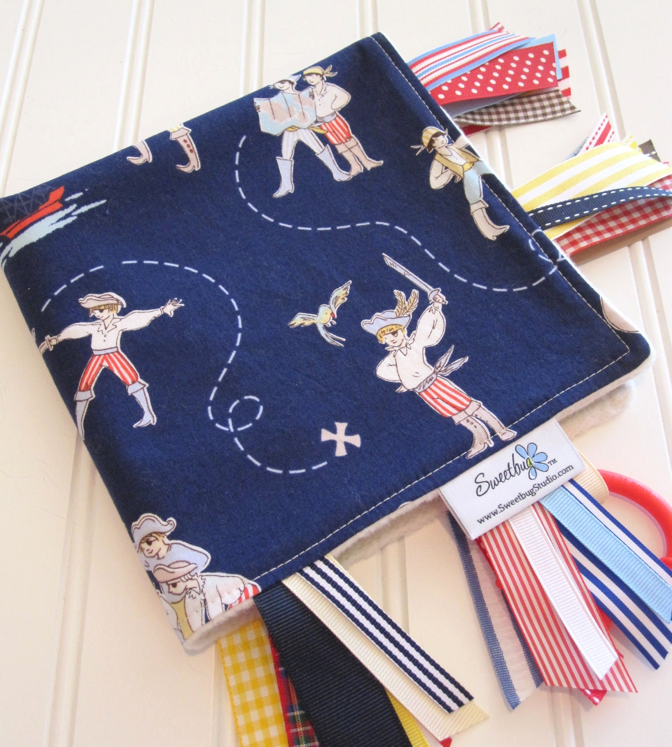Sensory Ribbon Blanket,Lovey,Tag Blanket/A Pirates Life in Navy/Organic Cotton Fleece