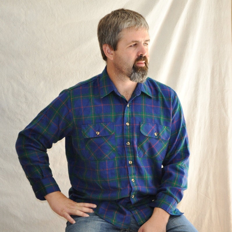 Cobalt Blue Mens Plaid Shirt Vintage Pink Bright Green Long Sleeved XL