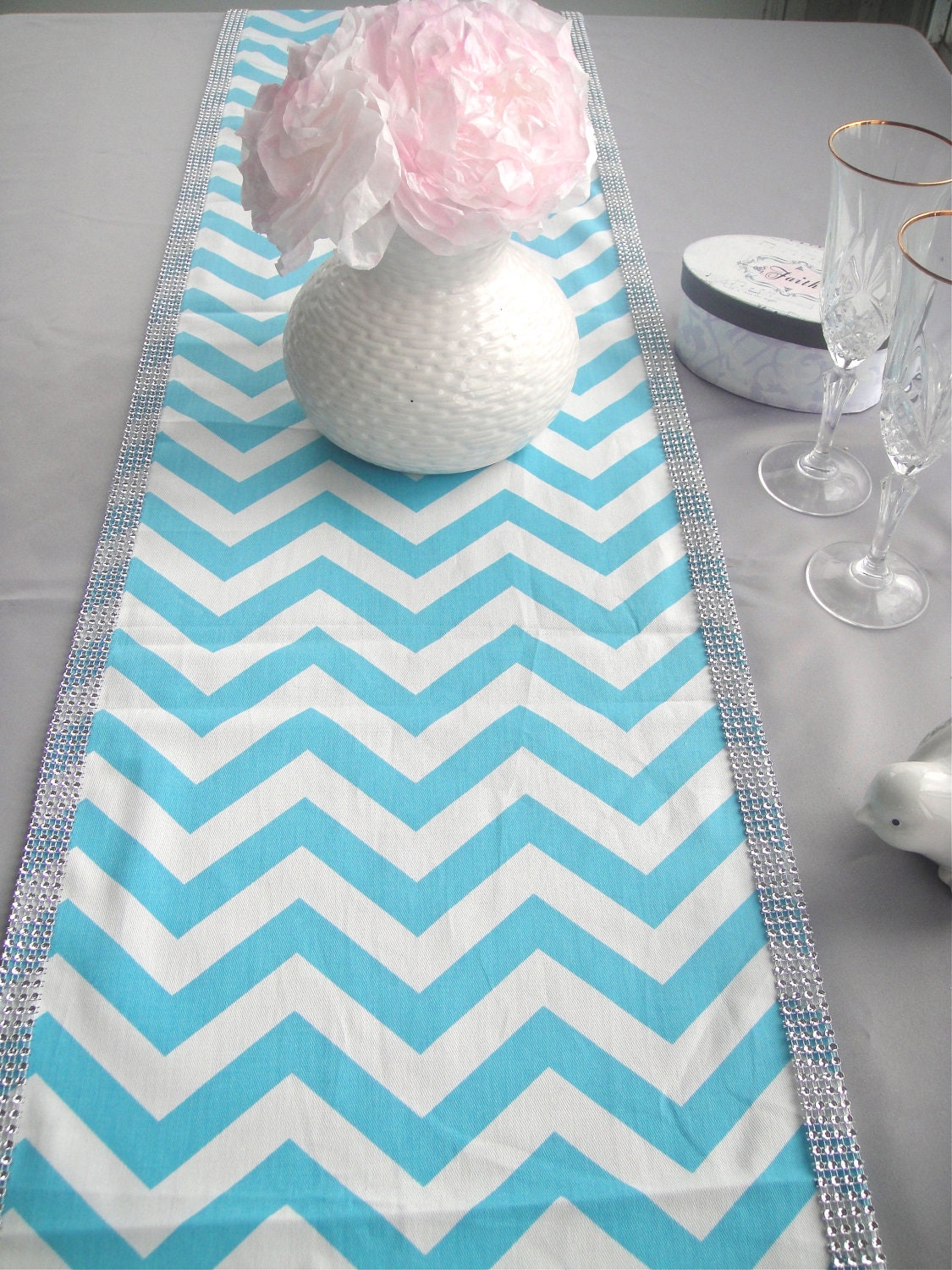 CHEVRON Table Runner Trimmed in Diamond Mesh Rhinestones 13x72, Wedding Table Topper, Table Cover