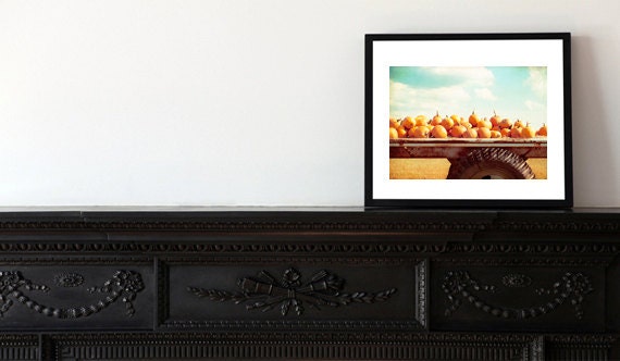 Pumpkin Photography - autumn fall print - orange blue brown white - country photography - wall art photo rural - 5x7 Photograph, "Harvest"