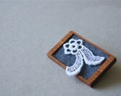 White Vintage Lace on Slate Grey Felt Wooden Brooch, Lace and Mahogany Series