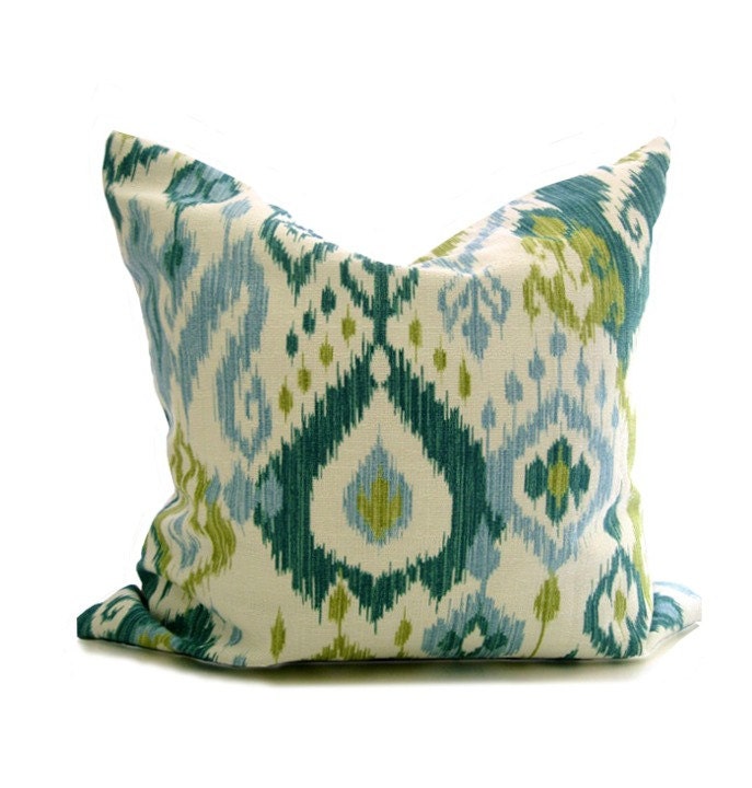 Ikat Decorative Pillow.Green, Aqua Blue, Teal, Ivory Cushion.18 inch