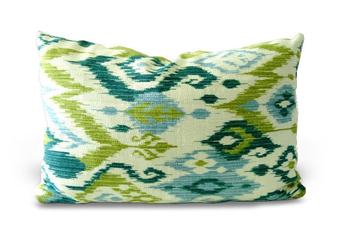 Ikat Decorative Pillow. Blue Green Aqua Teal Ivory.Lumbar 12x18 inch