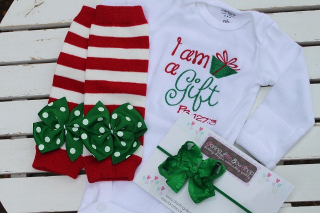 Baby Girl Christmas Outfit -- onesie, ruffle bow headband and leg warmers -- I am a Gift, Psalm 127:3-- red and emerald green
