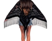 Black Floral Brocade Velvet Burnout Gypsy Fringe Poncho