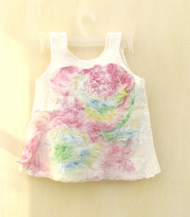 OOAK white and pink baby girl nuno felted dress 12-18 month. Gifts Under 75. Warm and soft. Eco friendly.