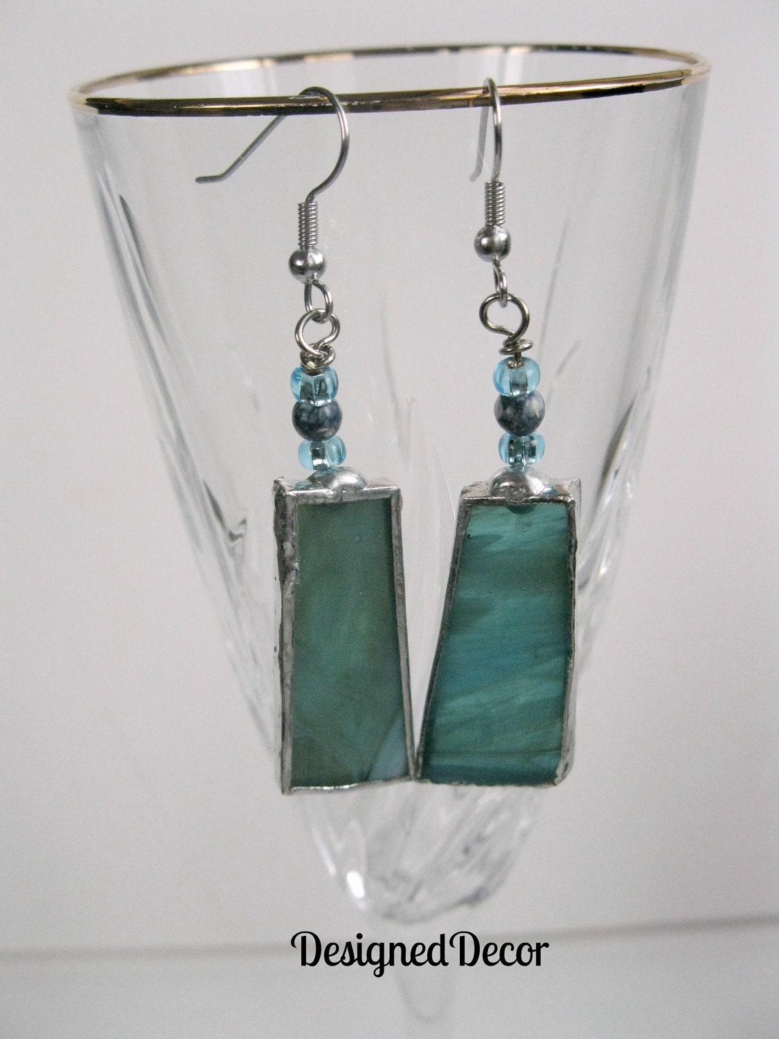 Stained Glass Blue Green Dangle Earrings
