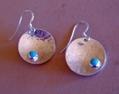 Silver Dangle Earrings, Sleeping Beauty Turquoise Cabachon, Serrated Bezel, Patterned Sterling Jewelry, Dome, Southwest Colors, Shiny