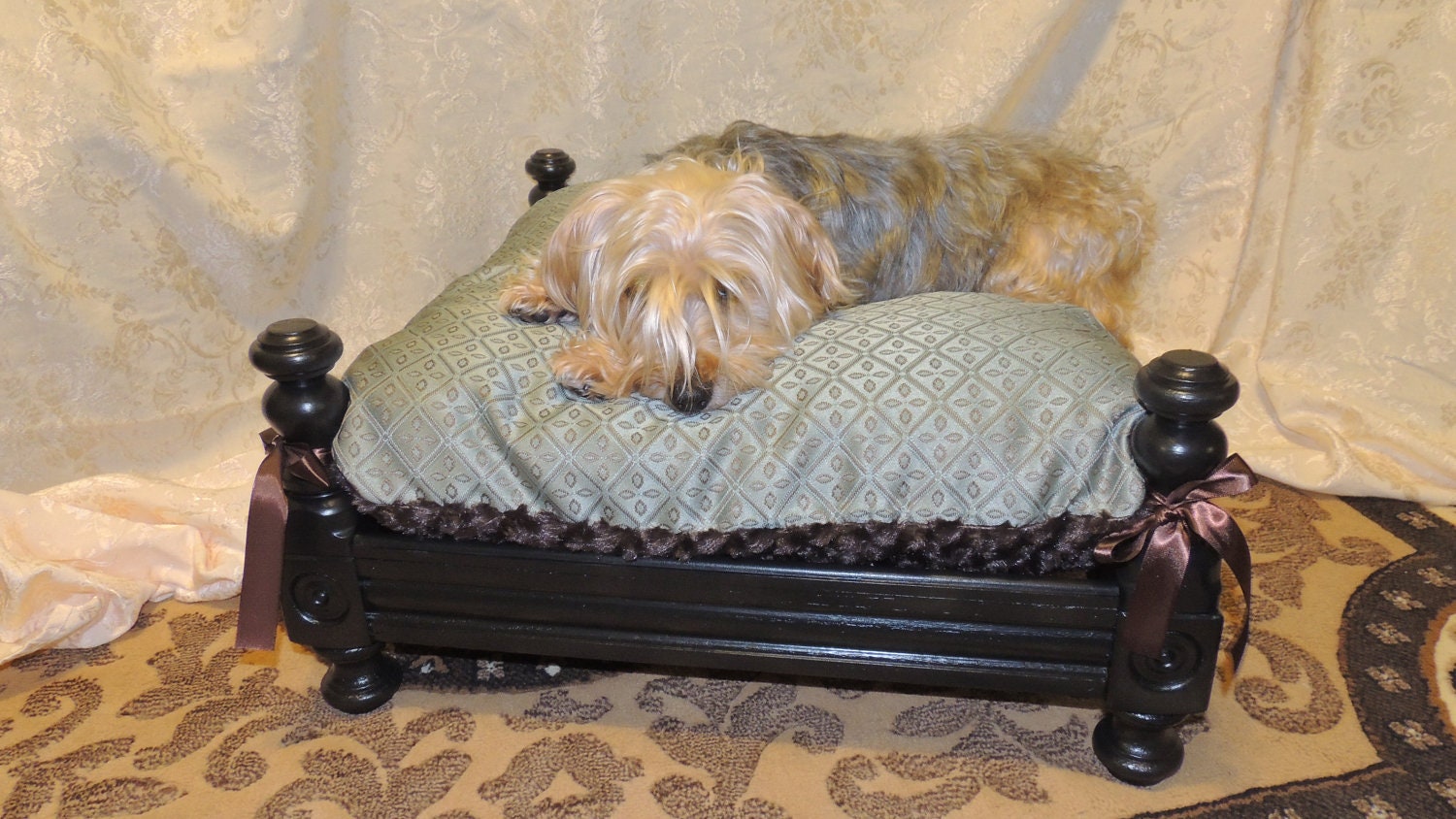 Luxury Dog Bed, in black with icy blue and dark chocolate brown faux fur pillow