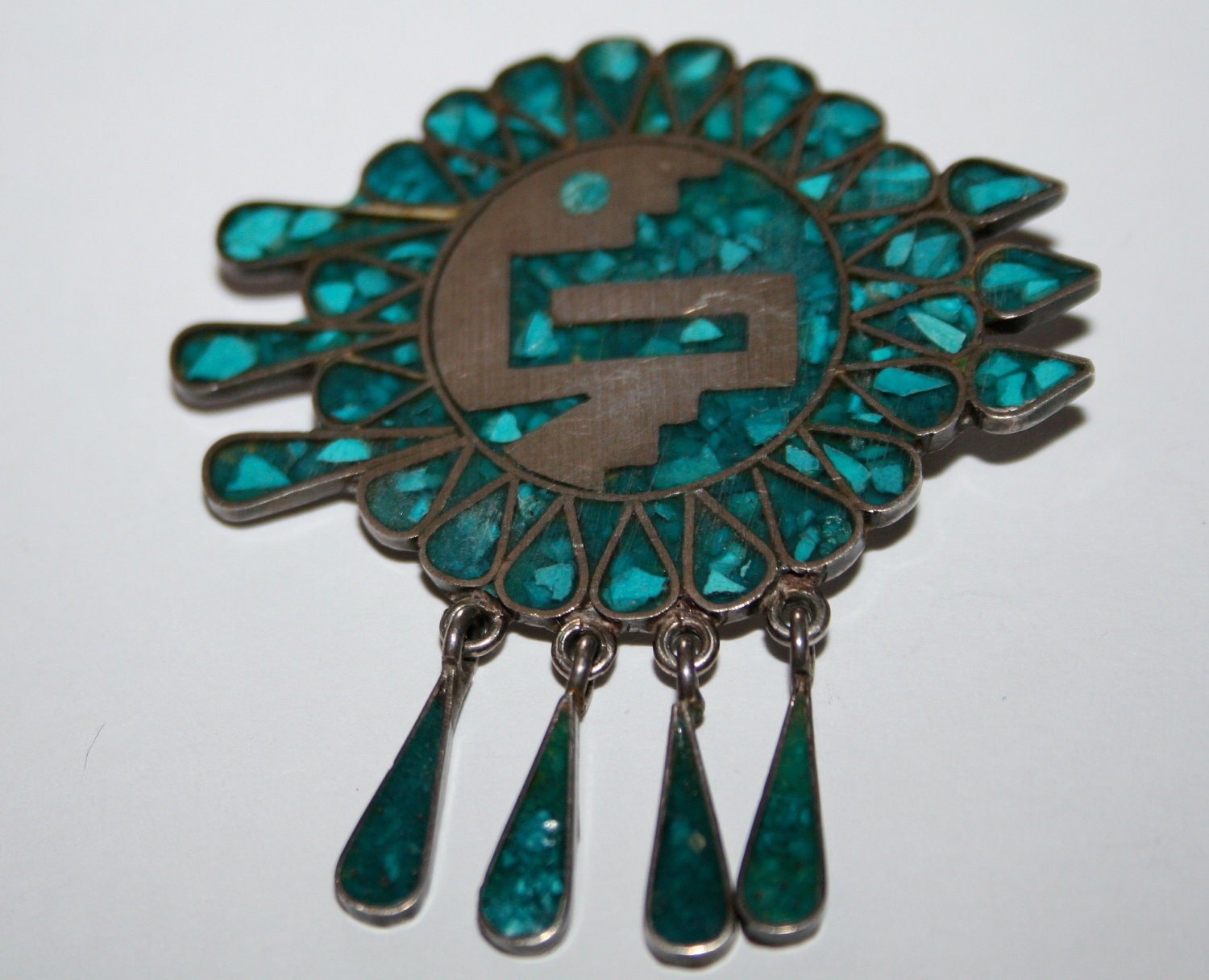 Sterling Aztec design Turquoise inlay Brooch