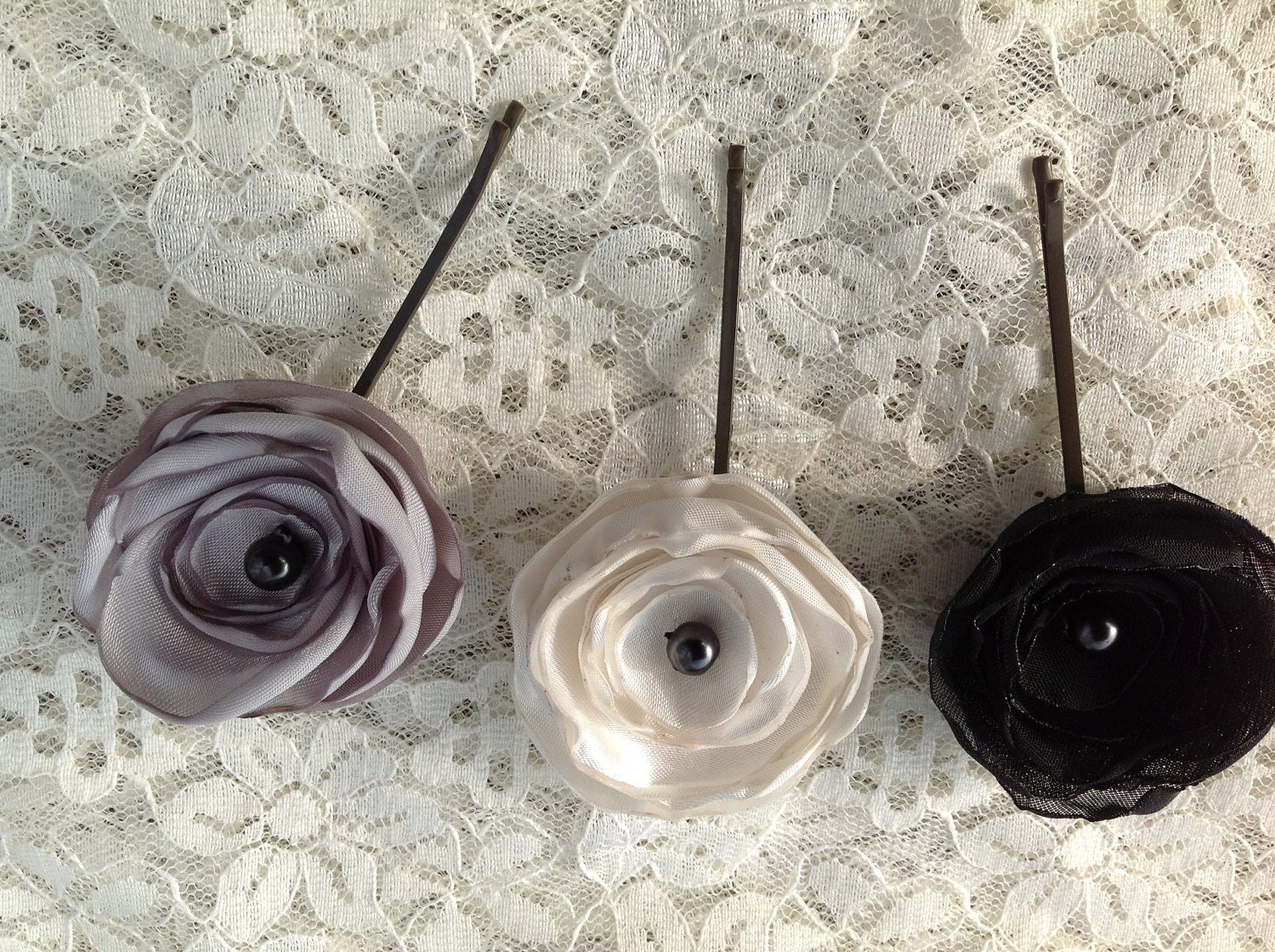 Fabric Flower Bobby Pin Set, Black, Gray and Ivory Satin, Bridesmaids Hair Accessory, Gift Idea for Her