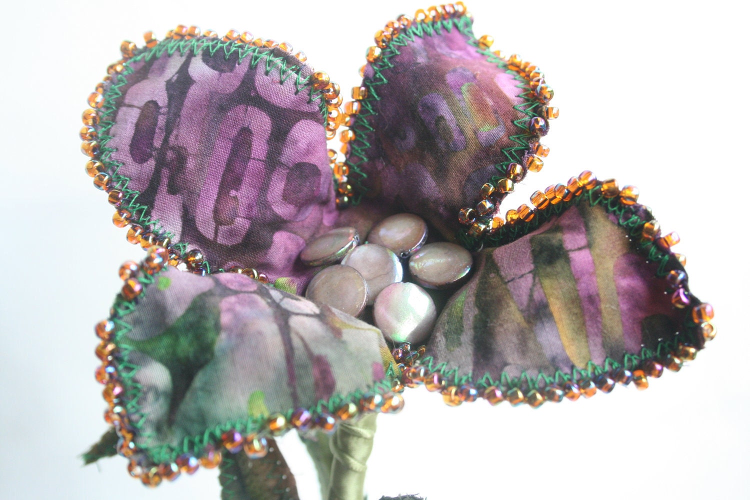 Fiber Art Flowers in Vase Purple Green Batik Hand Beading Home Decor