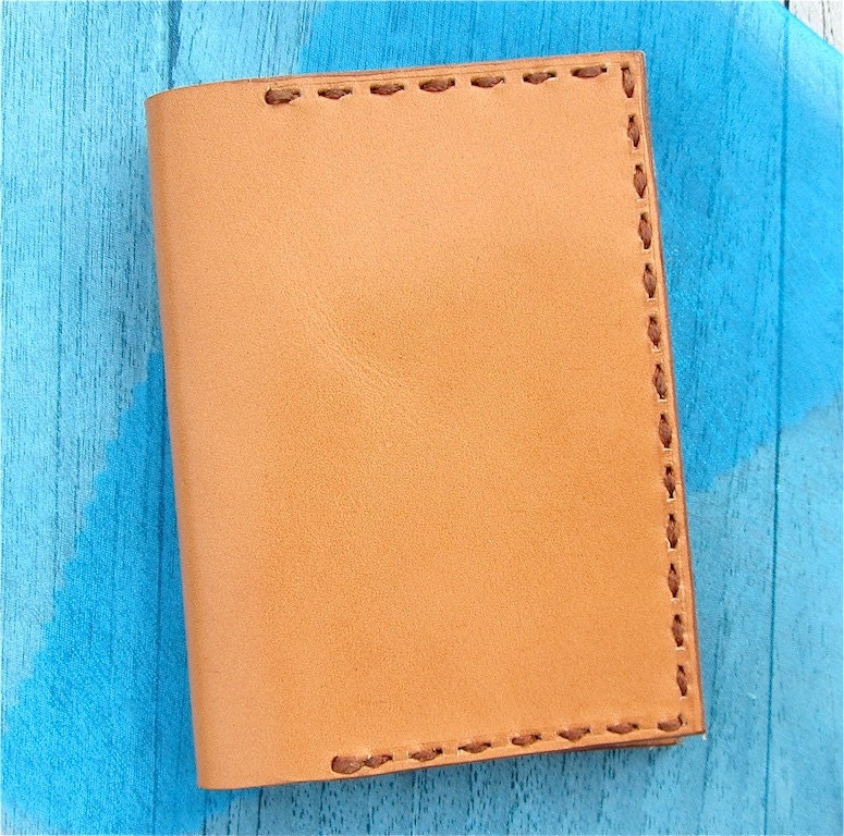 Leather card holder / wallet  in natural  eco tanned Italian calfskin with brown waxed   Handstitched