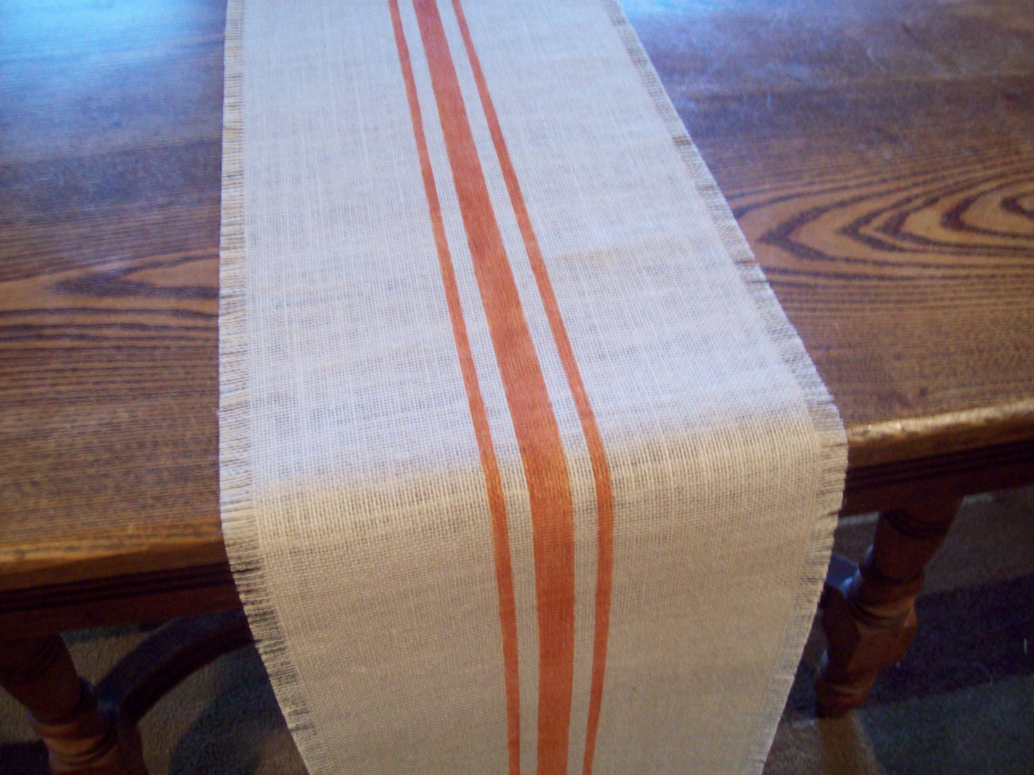 Burlap Table Runner 10 x 96 with Hand Painted Orange Stripes - Other Colors Available - Grain Sack Table Runner