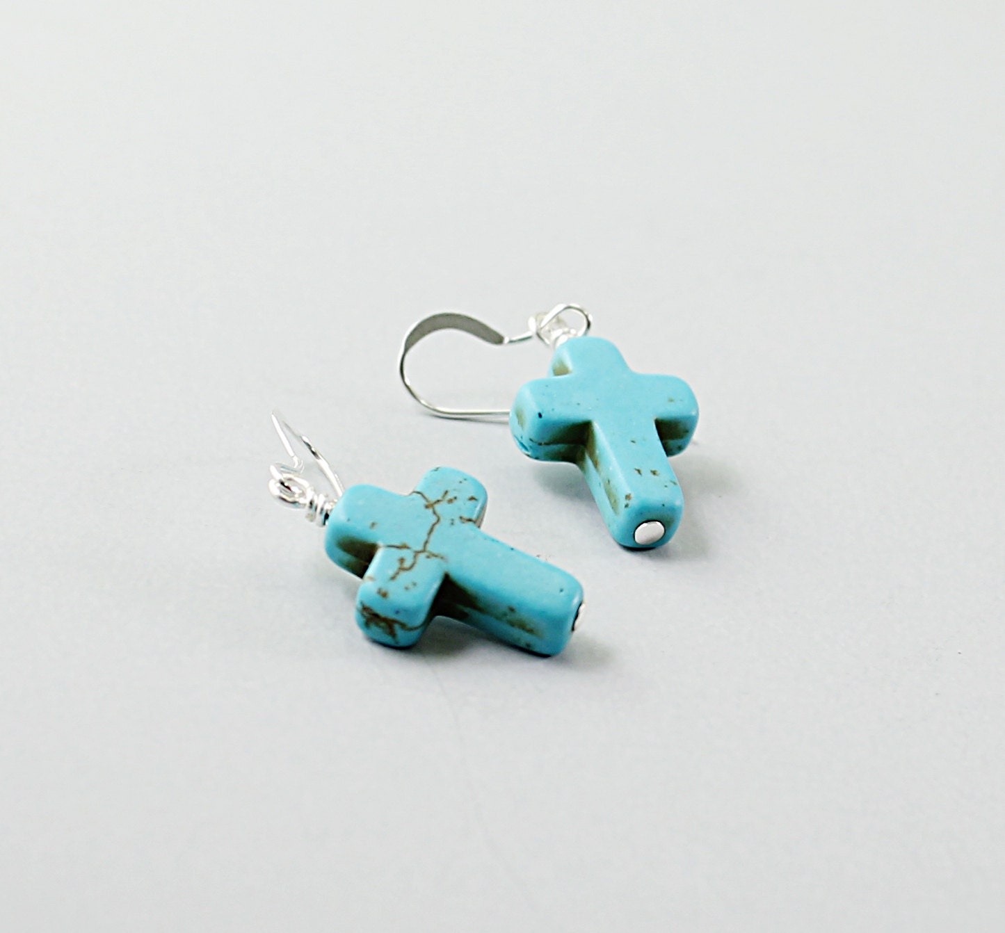 Silver cross earrings: sterling silver turquoise stone blue Christian religious jewelry confirmation Catholic gift first communion tiny grey